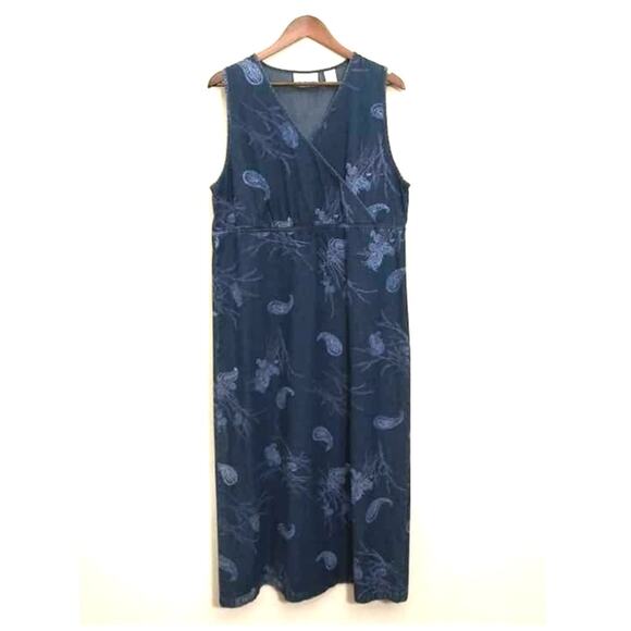 Westbound Jean Paisley Print Overall Maxi Denim Dress Modest Sz Large - Picture 1 of 7